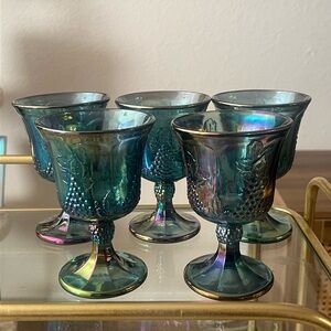 Vintage set of 5 Blue Carnival Wine Glasses & Pitcher